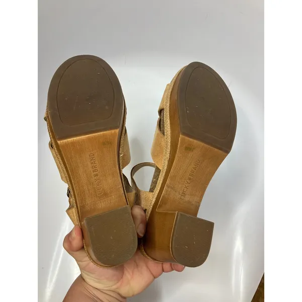 Lucky Brand Harvia tan leather heeled sandals‎ platform women size 8 boho casual - Image 8