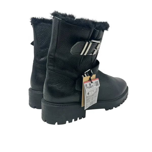 Zara Moto Ankle Boots Leather‎ Buckle Shearling Lined Black Size 40 US 9 - Image 6