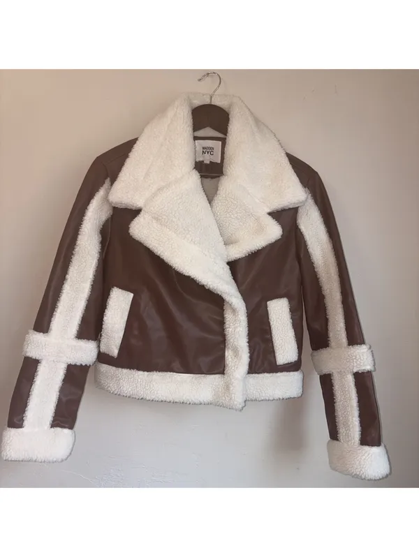 Madden NYC Brown Faux Leather & Sherpa Moto Jacket Size XXS - Image 3