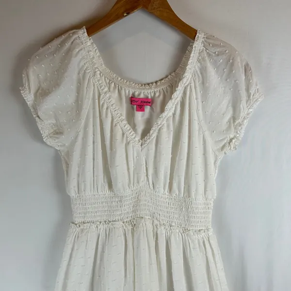 Betsey Johnson White Swiss Dot Midi Dress Smocked Waist Tiered Ruffle Milkmaid M - Image 7