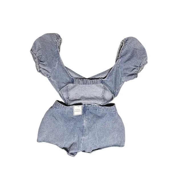 Lulus Blushing Beauty Light Wash Denim Puff Sleeve Romper size Large - Image 6