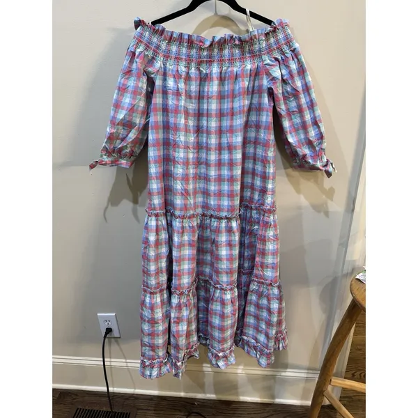 KATE SPADE Plaid Madras Off Shoulder Dress Size Medium Ruffle Tiered Picnic - Image 3