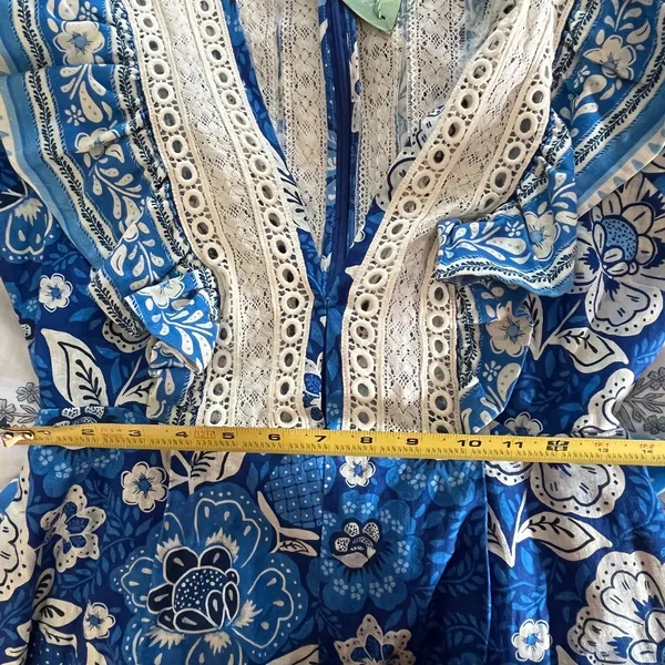 Farm Rio‎ Floral Linen Jumpsuit Tropical Puff Sleeve Women Medium NWT Blue White - Image 7