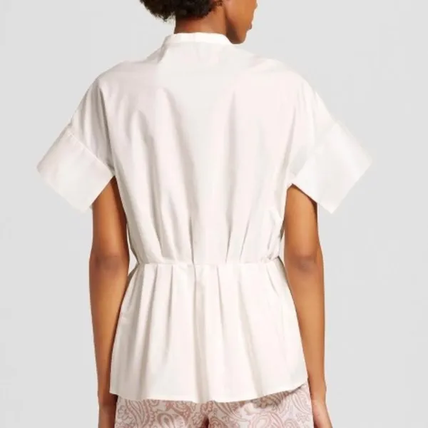 1X Plus Size Victoria Beckham White Poplin Gathered Waist Top Minimalist Blouse - Image 7