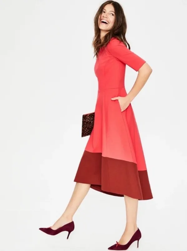 Boden Red Midi Dress Fit Flare Colorblock A-line Elegant Chic Pockets Size 6R - Image 2