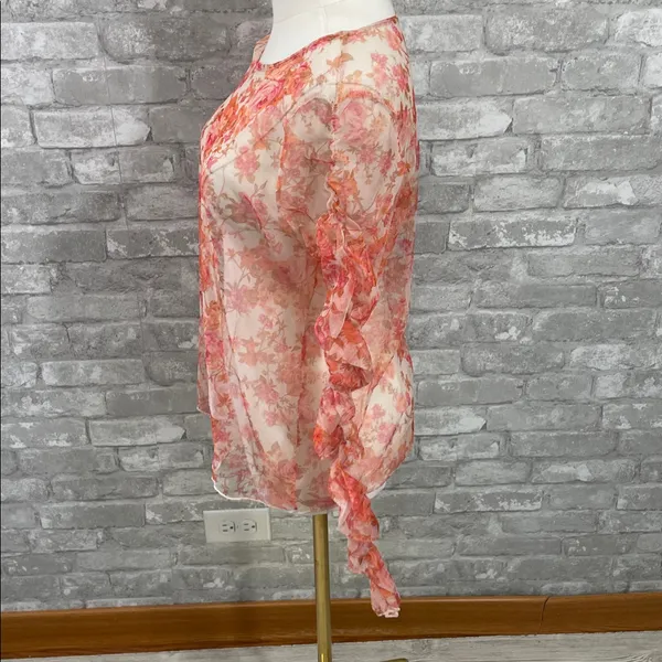 Zara Sheer Floral Ruffle-Sleeve Blouse - Pink & Cream - Image 2