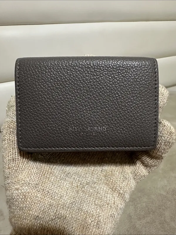Saint Laurent Pebbled Leather Card Case in Taupe Gray - Image 4