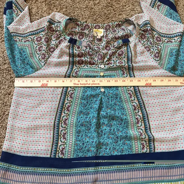 Fig and Flower Womens Patchwork Floral Blouse Blue 3/4 Sleeve Top Large - Image 4