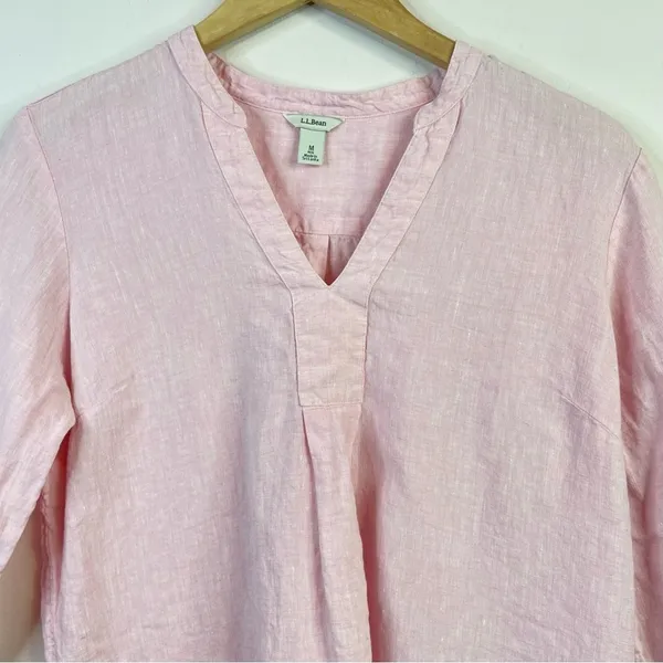 LL Bean Light Pink Premium Flax Linen Split Neck Tunic Top Shirt Blouse womens M - Image 3