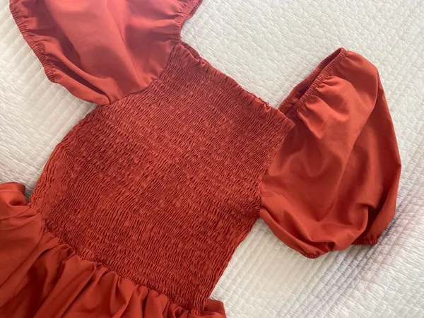 rust orange smocked midi maxi dress Red - Image 6