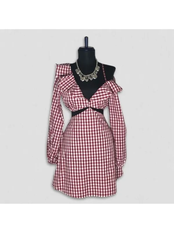 Lovers and Friends Gingham Red One Shoulder Mini Dress M - Image 3