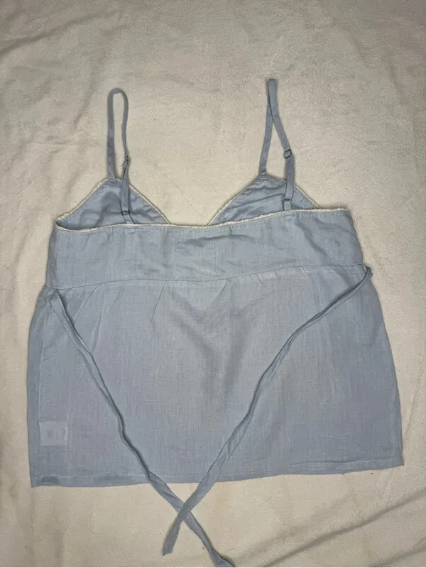 Brandy Melville Pale Blue Linen V-Neck Spaghetti Strap Cami - Image 6