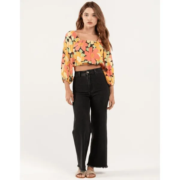 Billabong Yellow Orange Pink Floral Sun City Puff‎ Sleeve Crop Blouse Large - Image 10