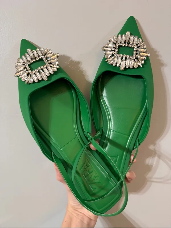 Zara Kelly Green Satin Slingback Flats Sparkle Crystal Gem 40 Pointed Toe - Image 6