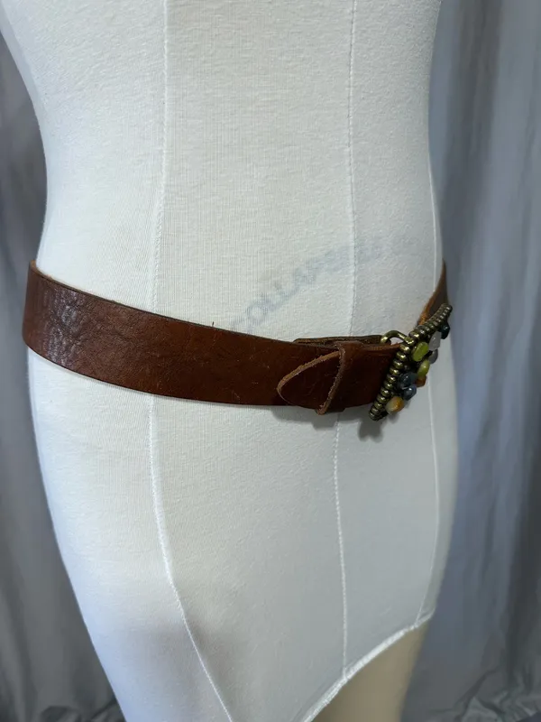 Vintage Lucky Brand Y2K Brown Studded Leather Crystal Buckle Belt Wide Western - Image 10