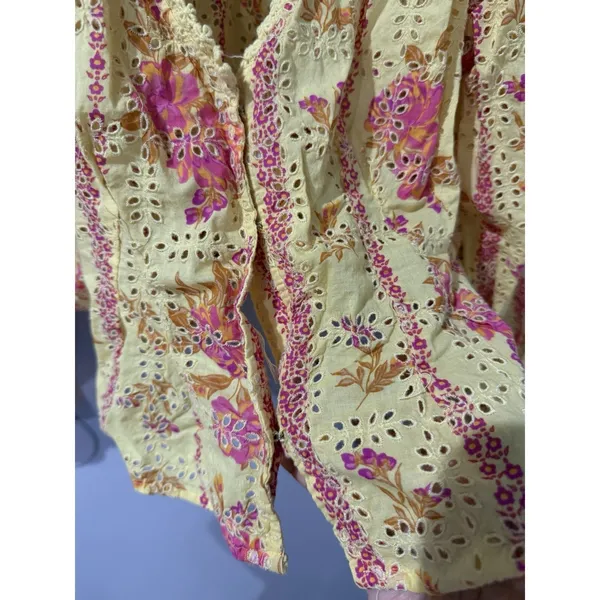 Free People Flower Fields Eyelet Top M Yellow Floral Puff‎ Sleeve Boho Blouse 1 - Image 3