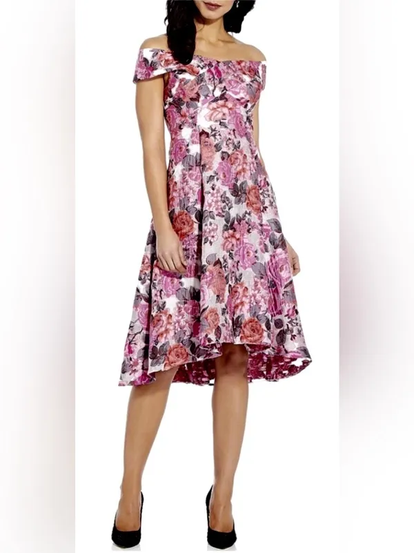 Adrianna Papell Floral Jacquard Shoulder Midi Dress Sz 6 Autumn Wedding Guest - Image 14