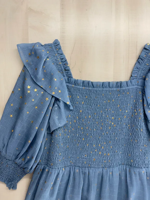 JESSAKAE smocked star gold printed dress 1XL blue event vacation casual - Image 5