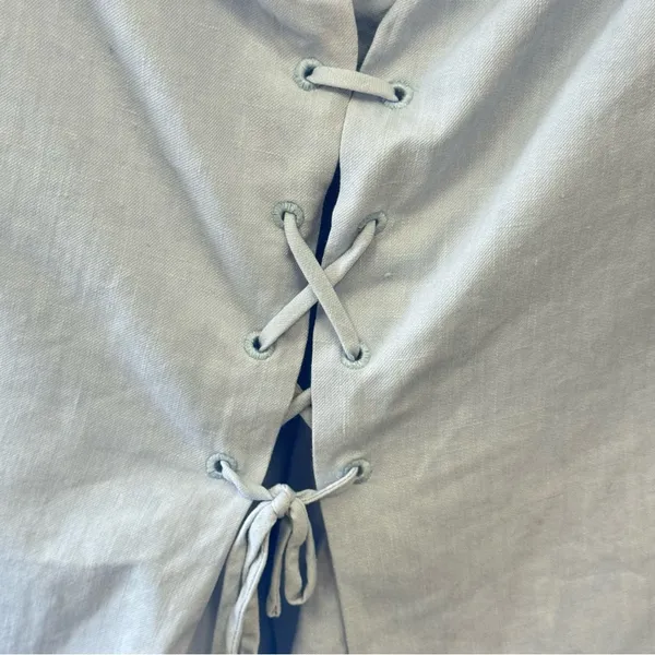 🍁 Lewit Linen Cotton Lace Up Ruffle Sleeveless Blouse Summer Boho Light Blue Sm - Image 7