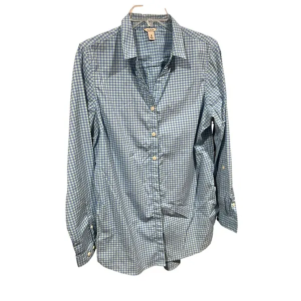 L.L.Bean Womens Medium Button-Up Gingham Shirt Blue & Green Long Sleeve 23i - Image 2