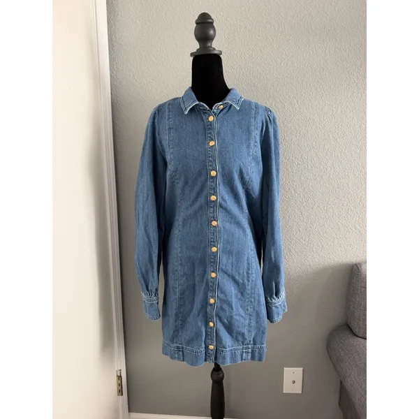 Sézane Organic Cotton Denim Dress Crest Buttons Blue Mini Shirt Dress Size 40 M - Image 2