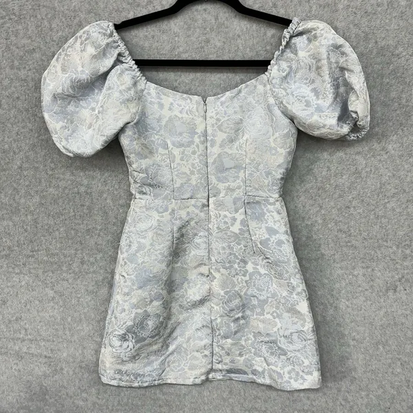Altar'd State Size XS Blue Ivory Floral Brocade Puff Sleeve Mini Dress - Image 6