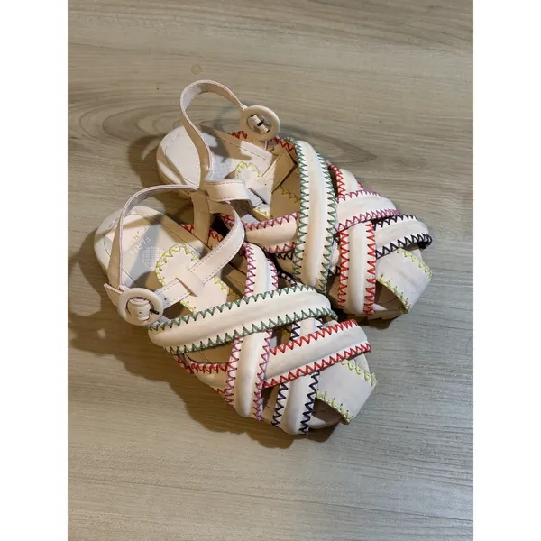 Farm Rio Zigzag‎ Stitch 5 Nude Pink Multi Color Stitch Strappy Slingback Brazil - Image 2