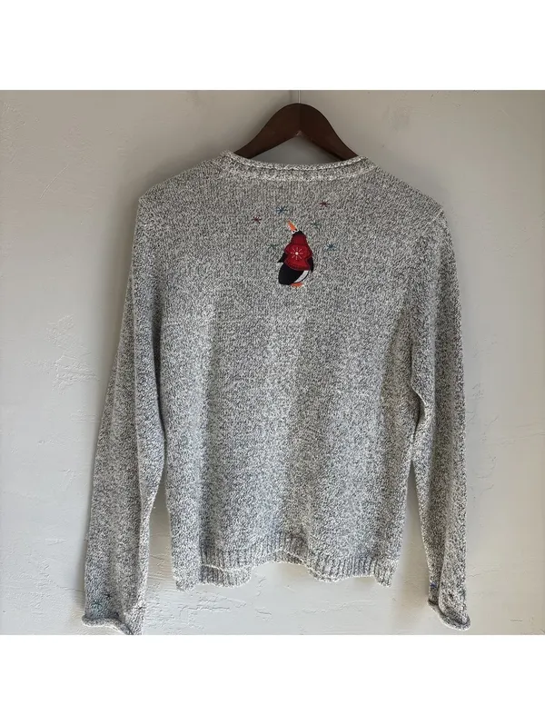 Christopher & Banks Vintage Grey Embroidered Penguin Snowflake Sweater Large - Image 5