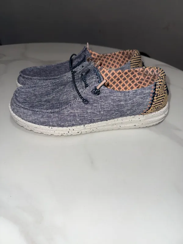 Hey Dude Kids Slip-On Moccasins in Heather Navy with Peach Lining - Image 4