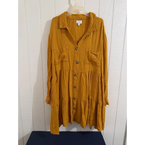 Mud Pie Mustard Yellow Tiered Button Down Shirt Dress Long Sleeve Large - Image 2