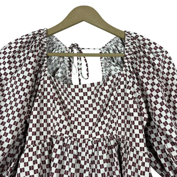 Abercrombie & Fitch Puff Sleeve Checkered Romper Burgundy Mod Retro Size M - Image 3
