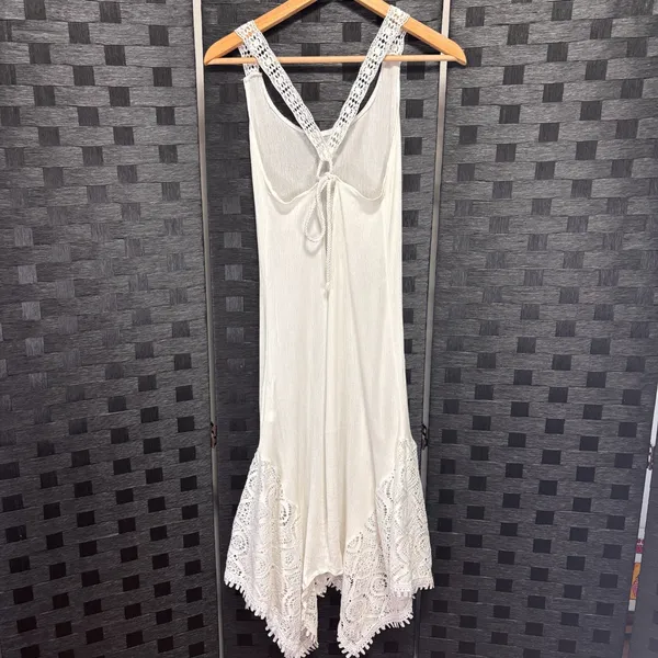 Sleeveless Beach Dress Crocheted Lace Straps Sz S Asymmetric Grad Ethereal Bride - Image 11