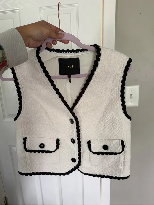 Maje Vitosio Tweed Vest Jacket Cream Black Lace Trim EU40 - Image 7