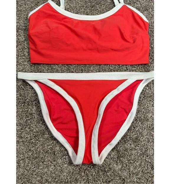 aerie bikini swim set red white ribbed scoop neck longline matching set L - Image 3