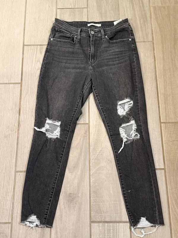 Women's High-Rise Straight Leg Ripped Jeans in Washed Black - Image 2