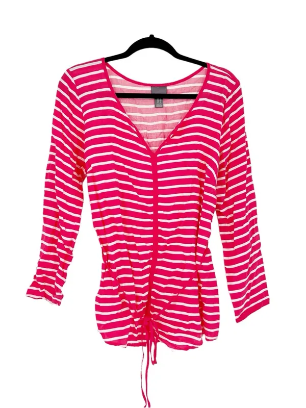 Motherhood Maternity Oh Baby Pink Striped Maternity Tunic Top Empire Waist Tie Size Large - Image 2