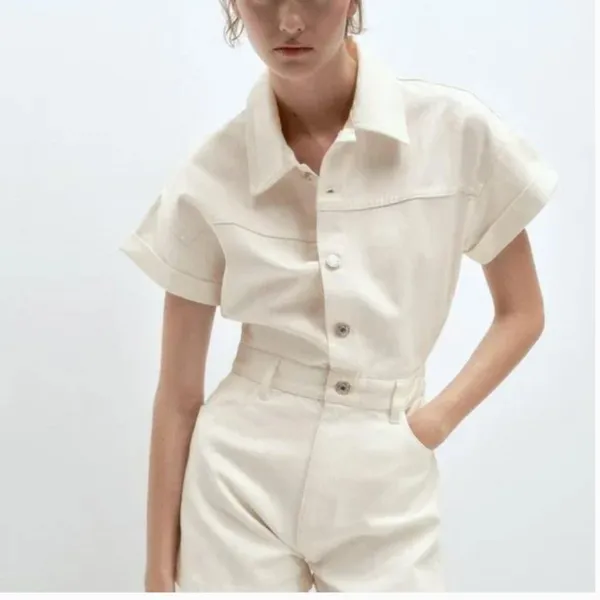 NWT ZARA DENIM TRF SHIMMERY PLAYSUIT Oyster White Medium Bloggers Fave - Image 2