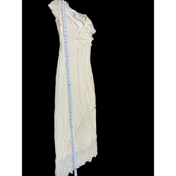 KIRIOUS Lace Up Midi Dress Cream Boho Sheer Lace Textured Slit Festival Beach S - Image 8