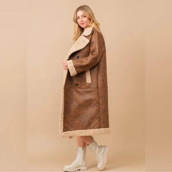Faux leather teddy shearling long coat in chestnut - Image 6