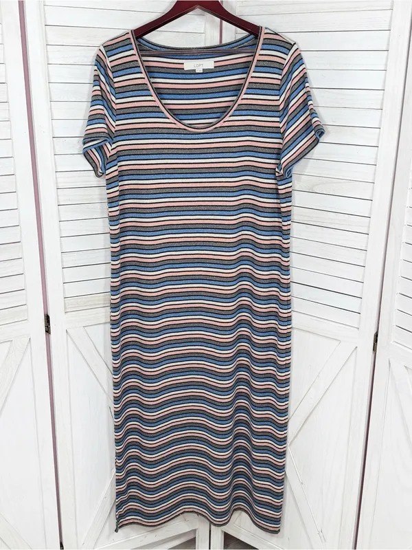 Loft Striped Shimmer Knit Midi Tee Shirt Dress Pink Blue Grey Metallic Size XL - Image 7