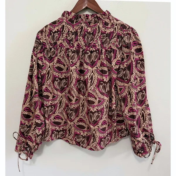 Strut & Bolt Get Familiar‎ Brown Floral Smocked Ruffle Neck Blouse Sz S NWT - Image 3