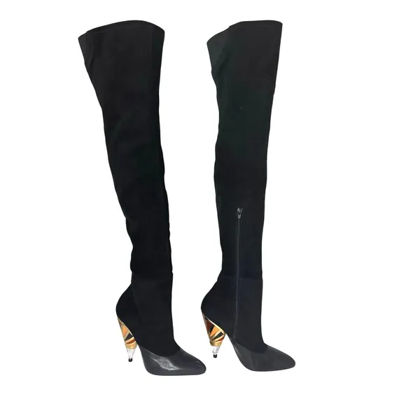 Givenchy Black Leather Suede Over Knee OTK Boots Printed Heel EU 38.5 - Image 3