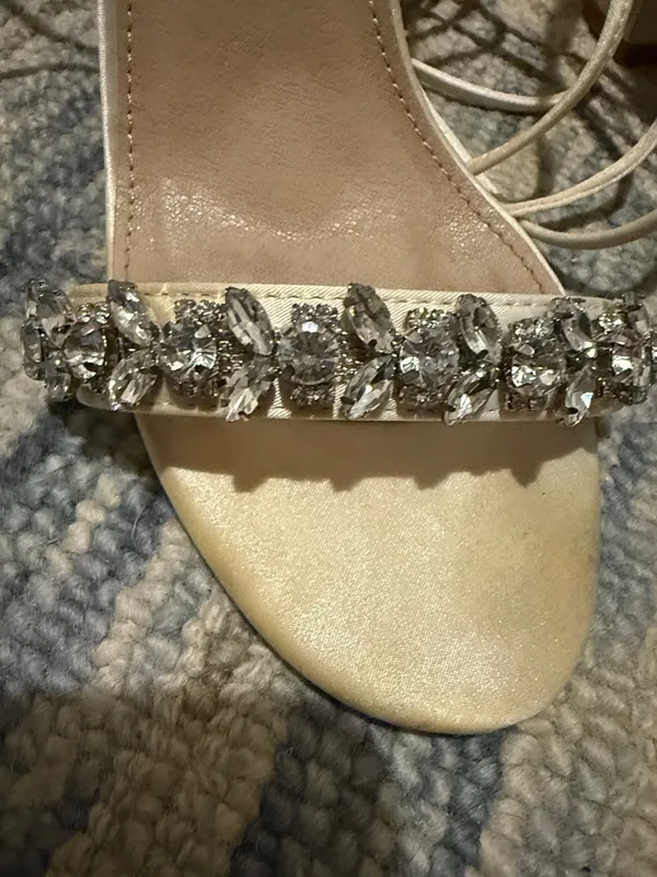 Be Mine Stain Ivory Block Heel Lace up Sandals with Floral Rhinestones Size 7 - Image 3
