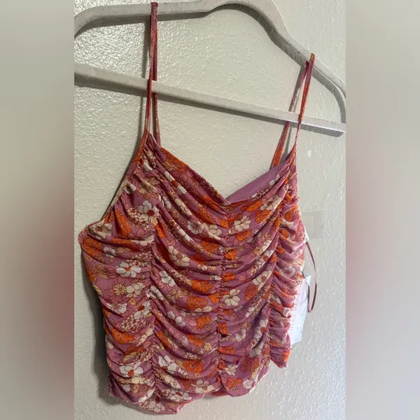 Sweet Rain Floral Ruched Camisole Tank Top | Pink Orange Summer Top | Size M - Image 4