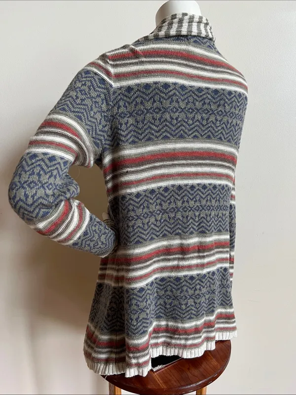Striped Open-Front Draped Cardigan Sweater - Gray, Red & Cream - Image 4