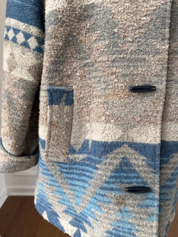 Vintage Braetan Southwestern Navajo Blanket Print Wool Blend Hooded Duffle Coat - Image 4
