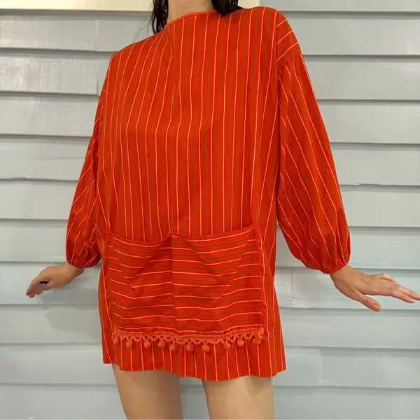Vintage 60s/70s Stripe Balloon Sleeve Pom Pom Smock Top - Image 7