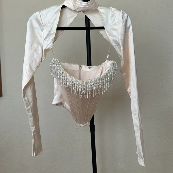 HOUSE‎ OF CB 'Aubrie' Vintage Cream Embellished Satin Corset With Sleeve NWOT S - Image 8