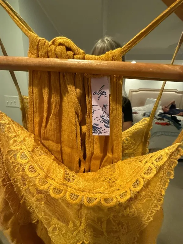 Alya Mustard Yellow Embroidered Lace Halter Strap Mini Dress Size XS - Image 3