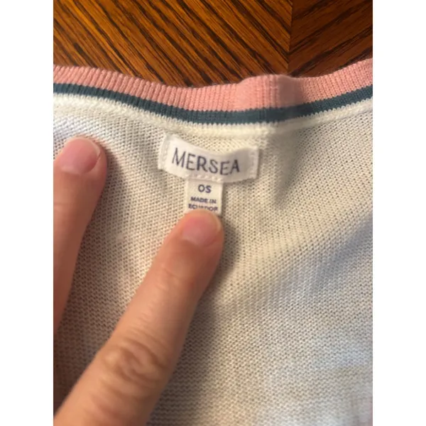 Mersea Oversized V-Neck Sweater White Multi Color Trim Button Cuff OS - Image 4